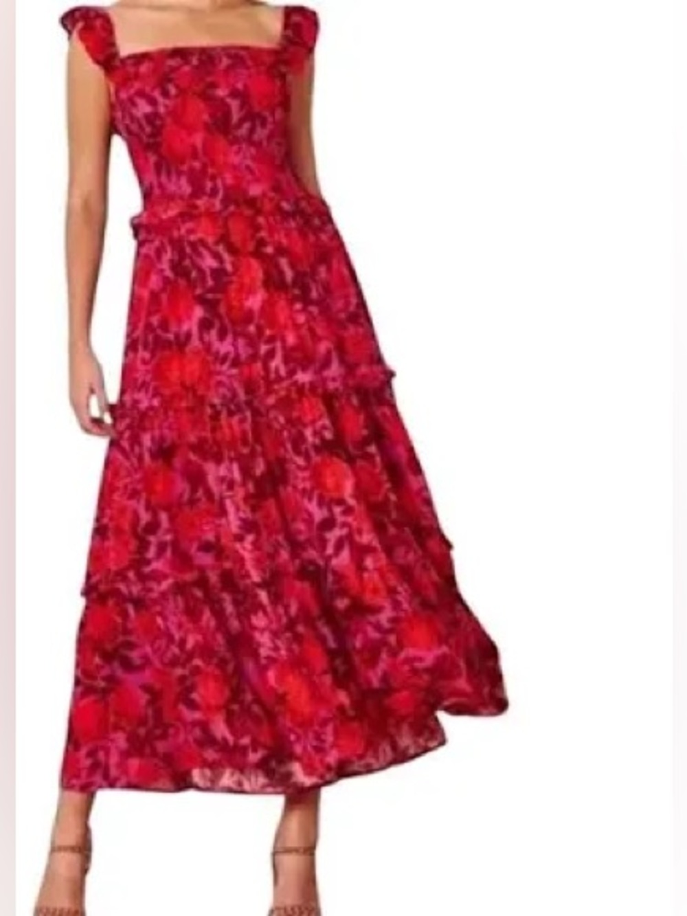Anthropologie Abel The Label Smocked Floral Maxi Dress Tiered Pink/Red Sz Small